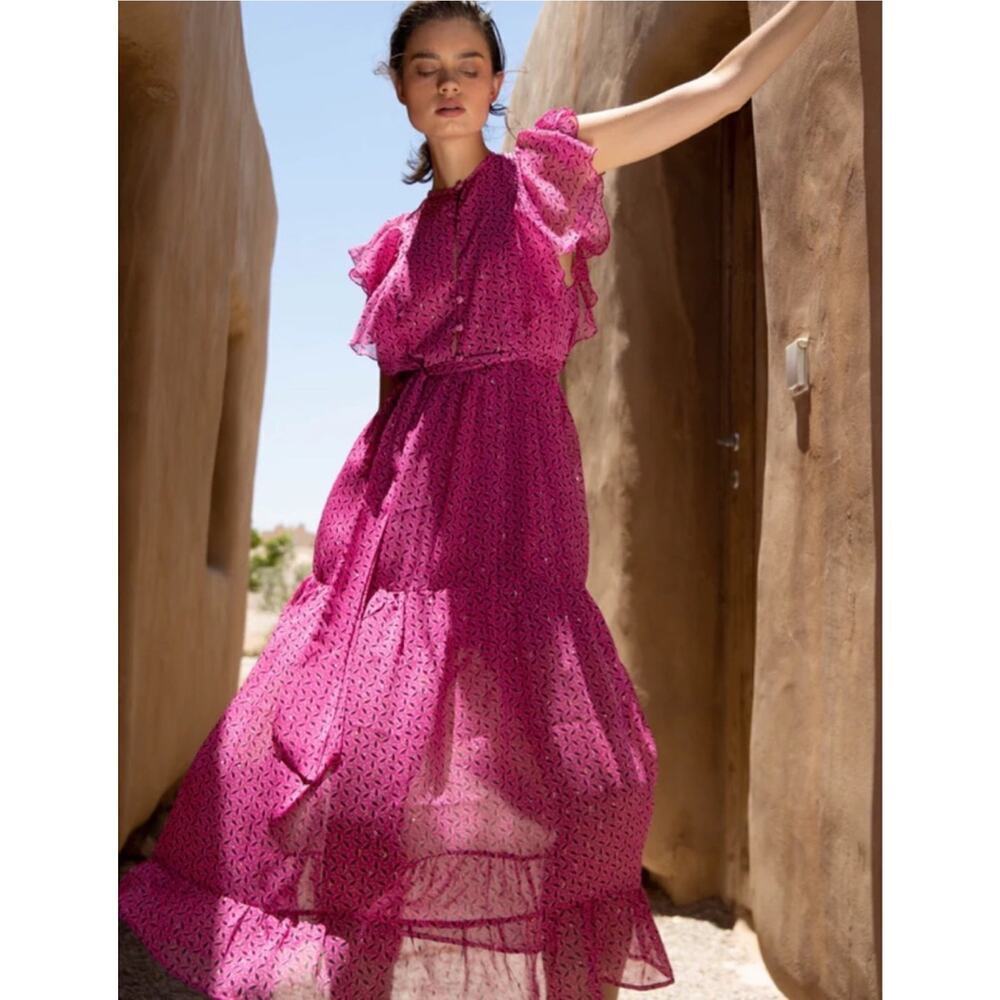 Sabina Musáyev Riviera Pink Tiered Printed Maxi Dress Size M - Picture 3 of 16